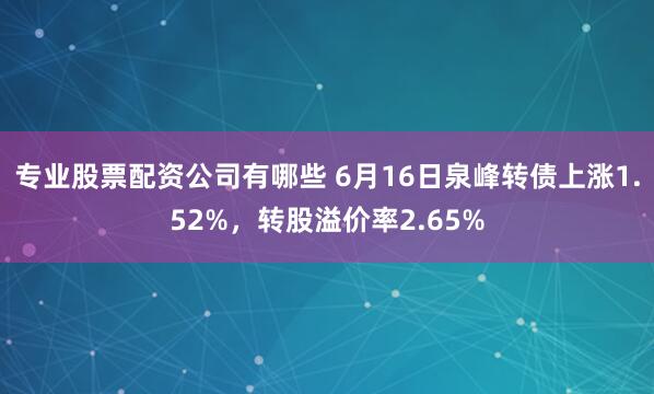 专业股票配资公司有哪些 6月16日泉峰转债上涨1.52%，转股溢价率2.65%